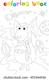 Funny cartoon alien and rocket on an unknown planet surface. Coloring book for kids