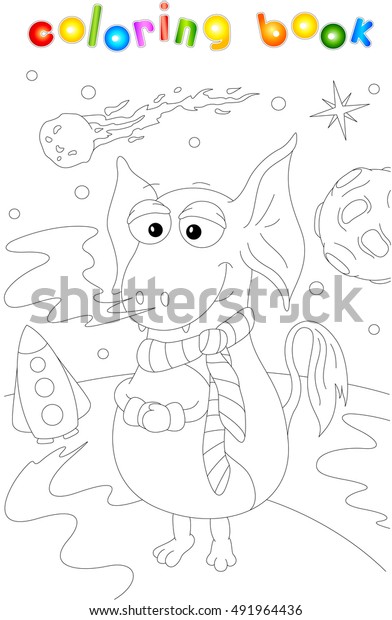 Funny cartoon alien and rocket on an\
unknown planet surface. Coloring book for\
kids