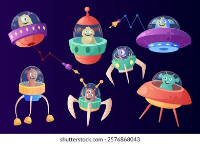 Funny cartoon alien. Space character in spaceship. Arcade game. Cute galactic UFO flying saucer. Universe shuttle. Extraterritorial astronauts invasion. Galaxy spacecraft. Vector cosmic garish set