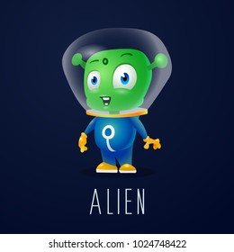 funny cartoon alien in the space suit, a friendly green Martian, character for the company in the modern 3D style