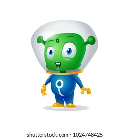 funny cartoon alien in the space suit, a friendly green Martian, character for the company in the modern 3D style