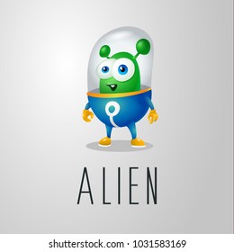 funny cartoon alien in the space suit, a friendly green Martian, character for the company in the modern 3D style