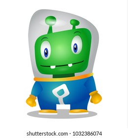 funny cartoon alien in the space suit, a friendly green Martian, character for the company in the modern 3D style