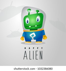funny cartoon alien in the space suit, a friendly green Martian, character for the company in the modern 3D style