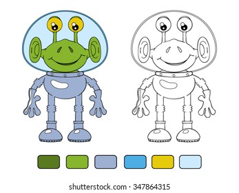 Funny cartoon alien in spacesuit. Coloring book