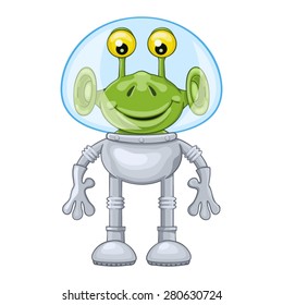 Funny cartoon alien in spacesuit on white background