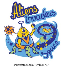 Funny cartoon alien in the starry background.