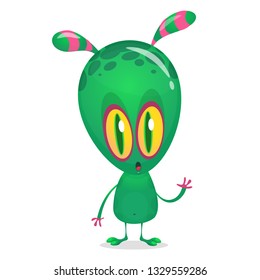Funny cartoon alien waving Hello. Illustration for children book, stickers, print or logo