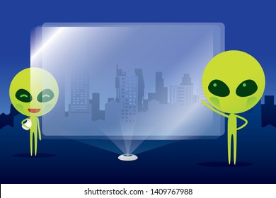 Funny cartoon aliens character with spotlight and illuminated screen with empty space for design. 
Vector illustration