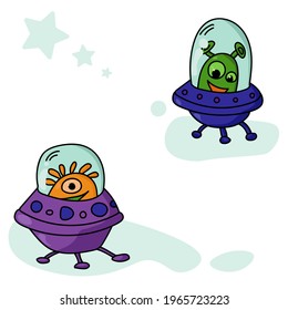 Funny cartoon aliens in spaceships, UFO characters for a postcard or poster vector illustration