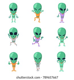 Funny cartoon aliens vector green humanoid characters. Humanoid and alien character, monster friendly martian illustration