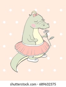 Funny cartoon alligator with flower on pink background