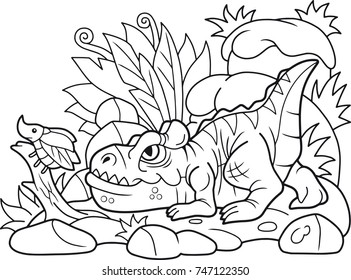 funny cartoon allosaurus hunts beetle