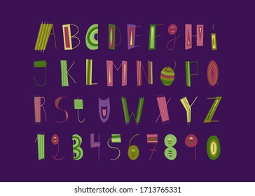 Gracioso alfabeto de caricatura. Alfabeto inglés vectorial color, fuente vintage, tipografía graciosa dibujada a mano, números