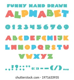Funny cartoon alphabet. Hand drawn font with bold uppercase letters. Can be used for posters, greeting cards, scrap booking, textiles. Vector 10 EPS.