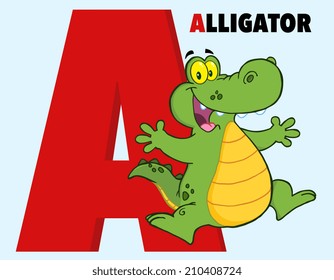 Funny Cartoon Alphabet-A With Alligator. Vector Illustration 