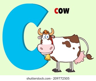 Funny Cartoon Alphabet-C With Cow And Text. Vector Illustration