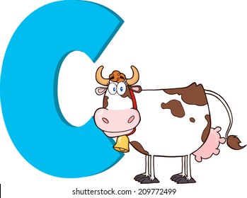 Funny Cartoon Alphabet-C With Cow. Vector Illustration Isolated on white