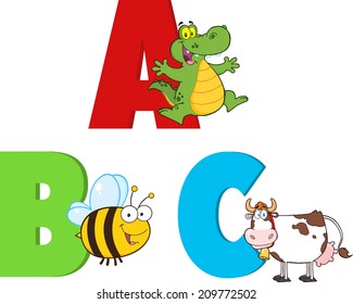 Funny Cartoon Alphabets With Animals. Vector Collection Set