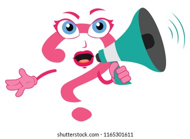 funny cartoon amazing question mark lady character holding a megaphone loudspeaker woman girl sexy announcing speaking loudly