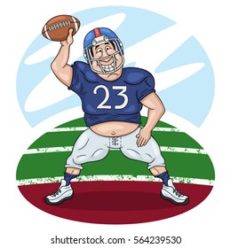 Funny Cartoon American Football Player Dancing With A Ball In Touchdown Zone