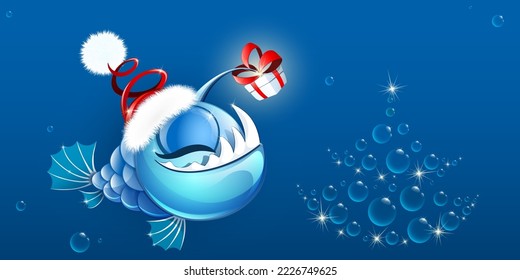 Funny cartoon anglerfish girl in Santa Claus hat and with shiny Christmas gift box on the lure lantern. Bubble Christmas tree.