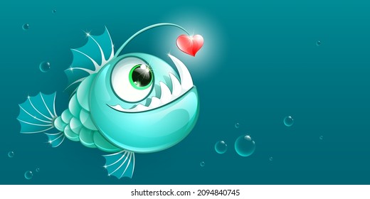 Funny cartoon anglerfish with heart lure. Sea animals. Sea fish. Valentine's day concept.