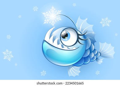 Funny cartoon anglerfish with snowflake lure. Sea animals. Sea fish. Winter, Christmas concept.