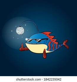 Funny cartoon anglerfish.Angler fish in sunglasses.Vector illustration Isolated.Sea fish.Anglerfish on dark background. 