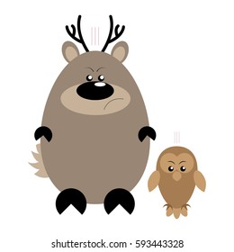 Funny cartoon angry deer and his owl friend