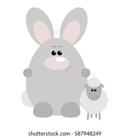 Funny cartoon angry rabbit and his sheep friend