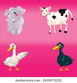 Funny cartoon animal collection with farm and wild baby animals in a cute vector illustration