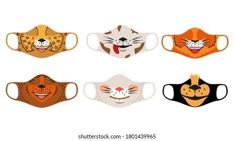 Funny cartoon animal design of reusable mask. Set of designs of reusable mouth kids funny masks with animals faces in vector