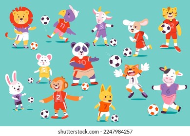 Graciosos Futbolistas De Animales De Caricatura. Juego Deportivo De Fútbol Caracteres De Vida Silvestre. Ilustración del vector