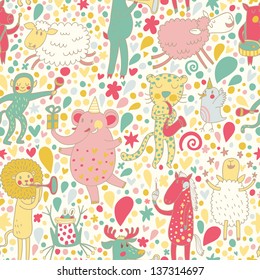 Funny cartoon animal musicians - lion, horse, elephant, monkey, leopard, pig and others. Seamless pattern can be used for wallpapers, pattern fills, web page backgrounds, surface textures.