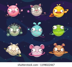 Funny cartoon animal planets set. Vector fantasy childish space icons.