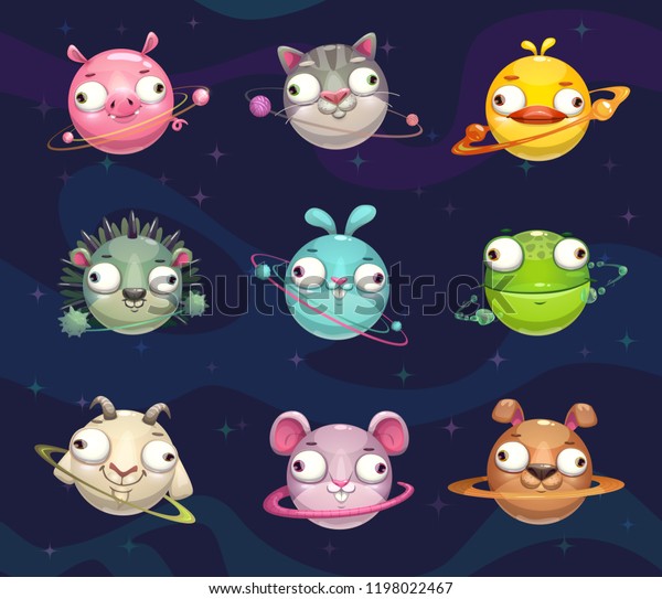 Funny cartoon animal planets set. Vector fantasy\
childish space icons.