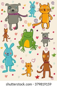 Funny cartoon animal set in vector. Bright fantastic characters