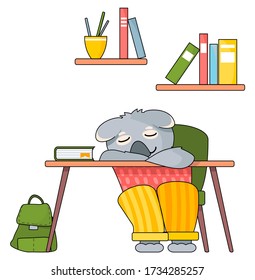 Funny cartoon animal student. Lovely cute koala schoolboy is sitting and sleeping at a desk with books in the classroom. Back to school concept. Tired pupil fell asleep in class, lazy animal character