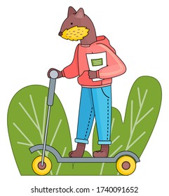 Funny cartoon animal student. Lovely cute beaver schoolboy with notebook in hands is riding a scooter. Back to school concept, education theme. Active pupil is going to classes on the foot bike