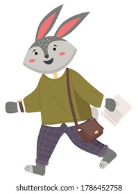Funny cartoon animal student. Lovely cute hare schoolboy with paper sheet in hand is rushing to the lesson. Back to school concept. Active rabbit pupil in uniform and with a bag on his shoulder