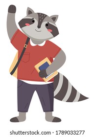 Funny cartoon animal student. Lovely cute raccoon schoolboy with notebook and schoolbag is waving with hand. Back to school concept. Active coon pupil completed all tasks and is ready to answer