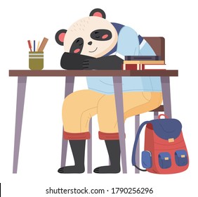 Funny cartoon animal student. Lovely cute panda schoolboy is sitting and sleeping at a desk with books in the classroom. Back to school concept. Tired pupil fell asleep in class, lazy animal character