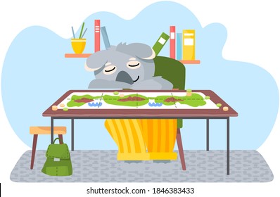 Funny cartoon animal student. Lovely cute koala schoolboy is sitting and sleeping at a desk with books in the classroom. Back to school concept. Tired pupil fell asleep in class, lazy animal character