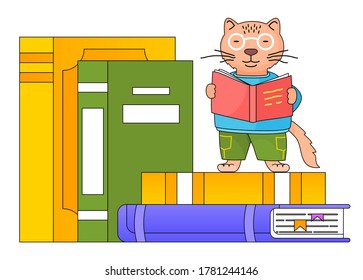 Funny cartoon animal student or teacher illustration. Smart cat in glasses with a book in his hands is reading. Back to school concept. . Pupil is standing on stack of big books and reading a textbook
