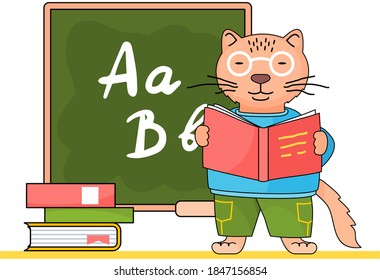 Funny cartoon animal student or teacher. Smart cat in glasses with a book in his hands is reading at a lesson. Back to school concept. The pedagogue is teaching a lesson. Pupil is reading a textbook