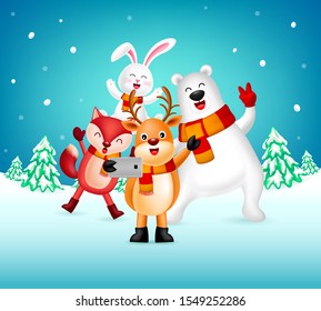 Funny cartoon animals character taking selfie. Reindeer, Polar bear Rabbit and Fox. Merry Chraistmas and happy new year. Illustration isolated on winter background.