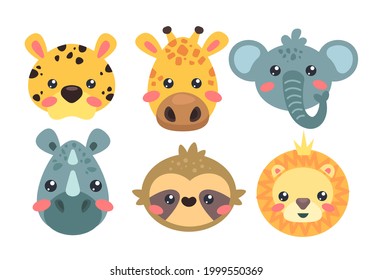 funny cartoon animals. Cheetah, giraffe, elephant, rhino, sloth, lion. Illustrations for web and print. Cartoon stickers with cute animal heads.