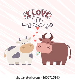 Funny Cartoon Animals Cow And Bull Vector Illustration. Confession Of Love Lettering, Congratulation, Valentines Day, Wedding Celebration, Invitation Card. Couple Of Cute Animals, Flower, Hearts.