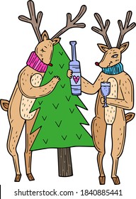 Funny cartoon animals. A deer hugs a Christmas tree and a drunken deer with a glass of wine and a bottle in their hands. Single design element. Clipart. Scandinavian. Postcard, advertising. Christmas.